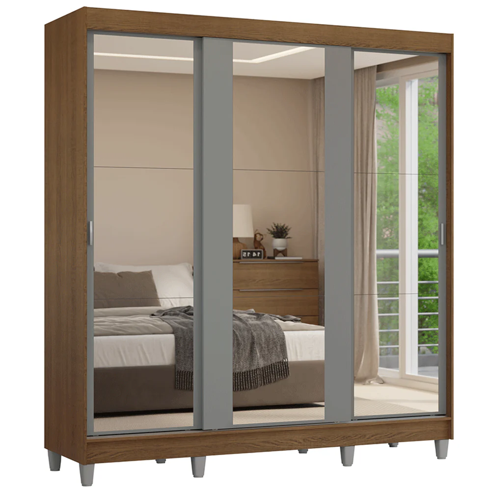 Guarda-Roupa Casal com Pés 3 Portas de Correr de Espelho Rustic/Cinza Reno Madesa - Image 2