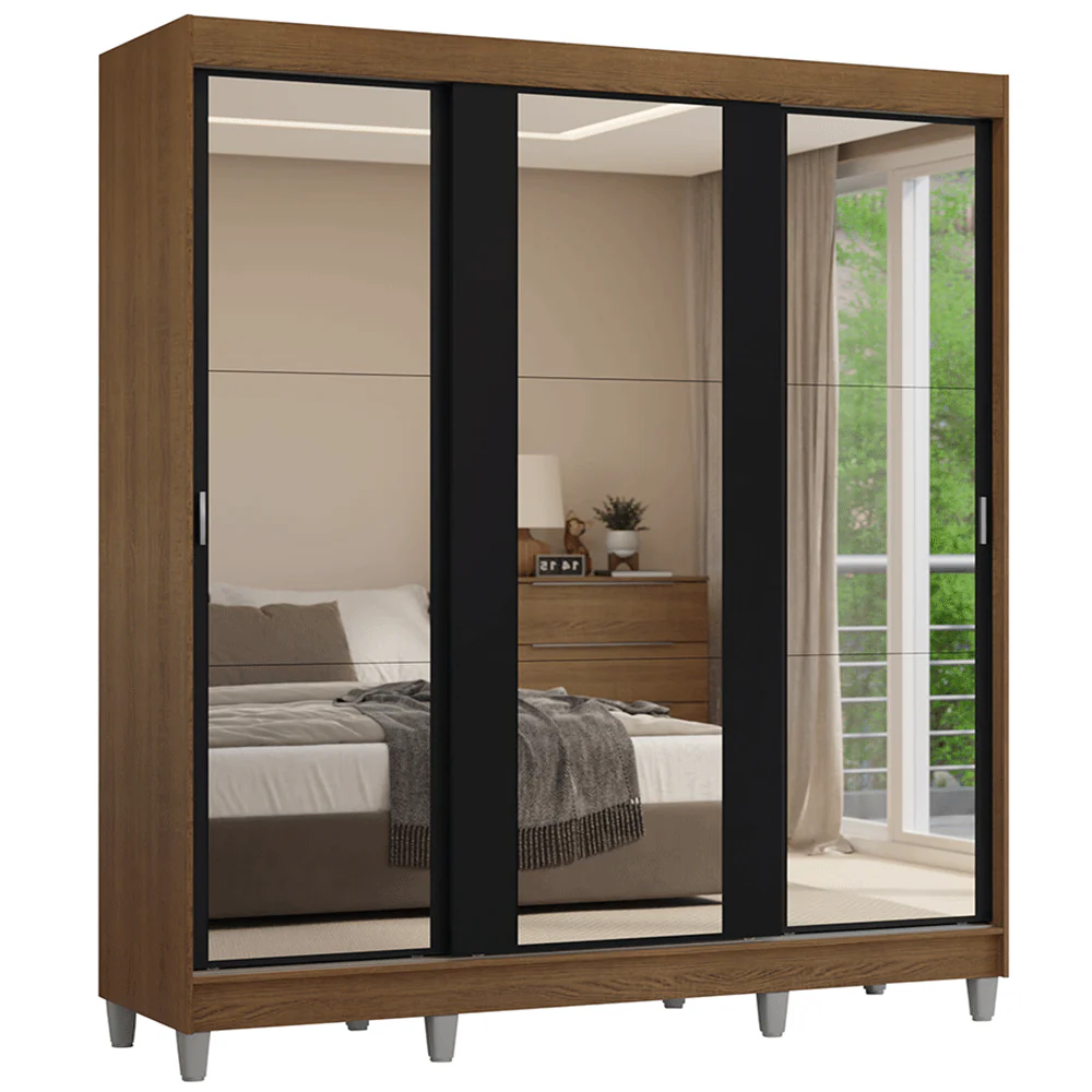 Guarda-Roupa Casal com Pés 3 Portas de Correr de Espelho Rustic/Preto Reno Madesa - Image 2