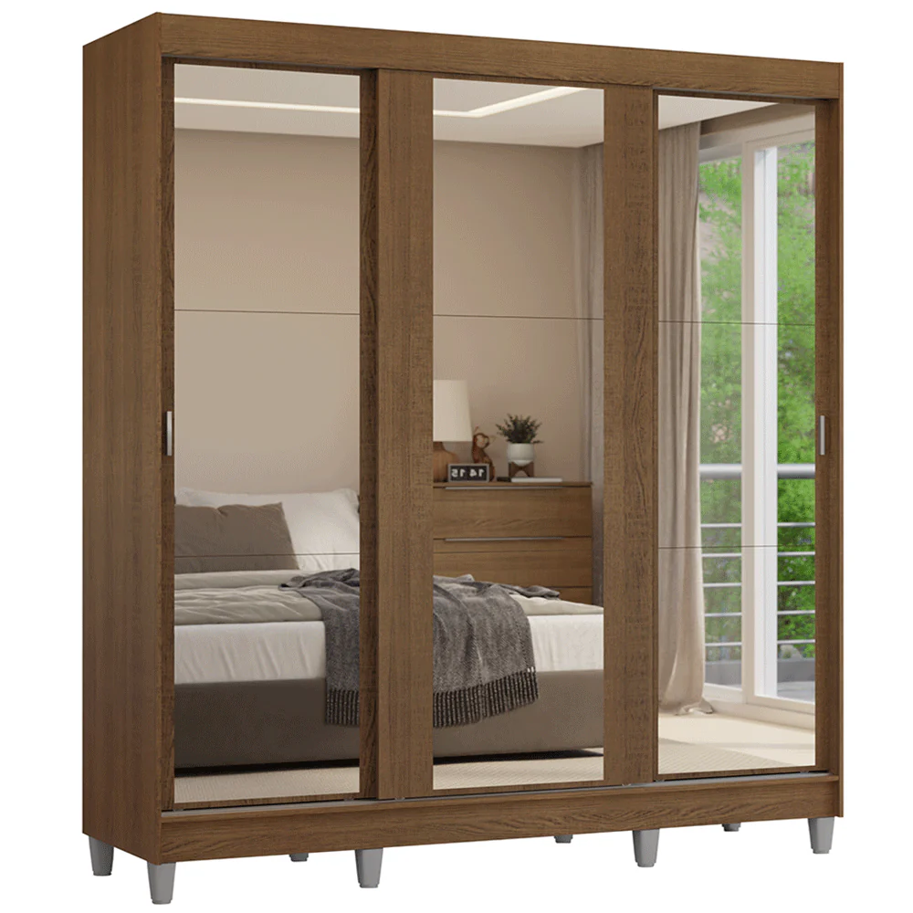 Guarda-Roupa Casal com Pés 3 Portas de Correr de Espelho Rustic Reno Madesa - Image 2