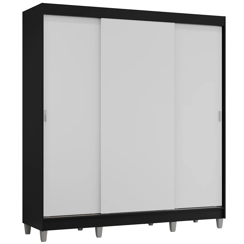 Guarda-Roupa Casal com Pés 3 Portas de Correr Preto/Branco Reno Madesa - Image 2