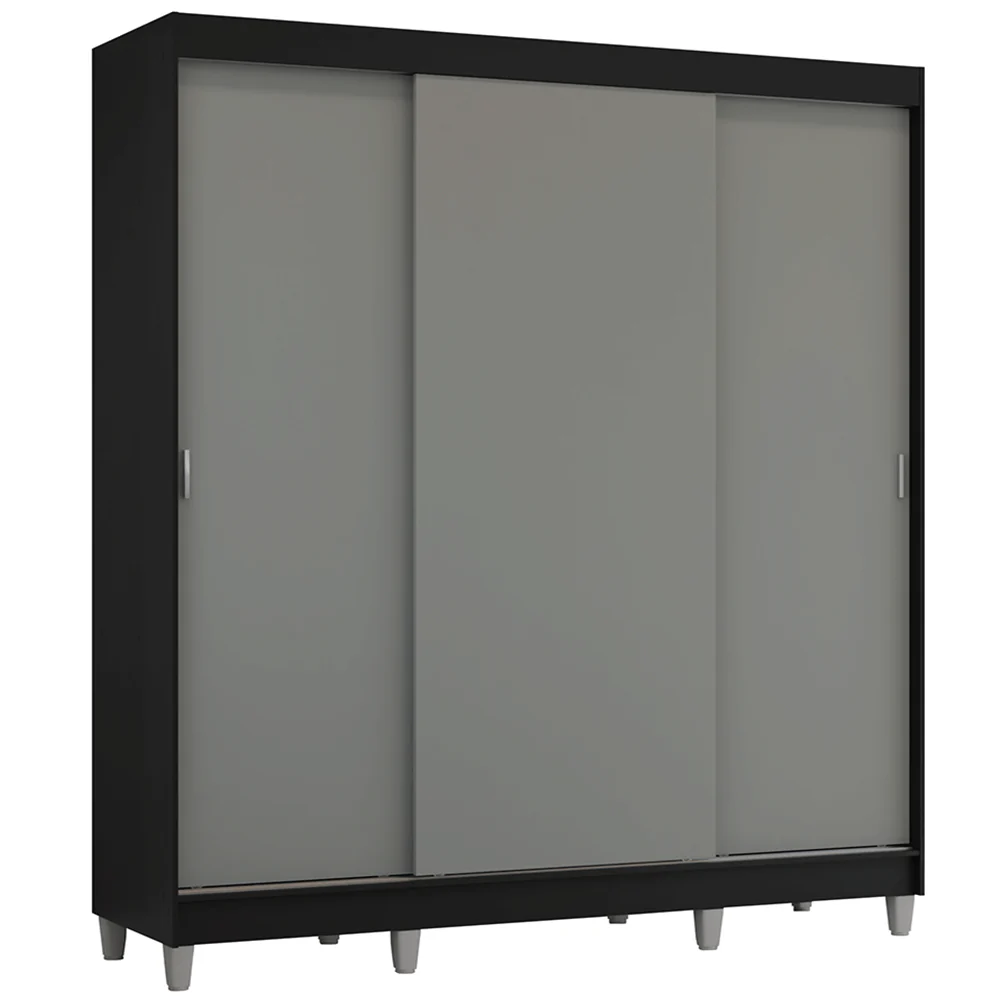 Guarda-Roupa Casal com Pés 3 Portas de Correr Preto/Cinza Reno Madesa - Image 2