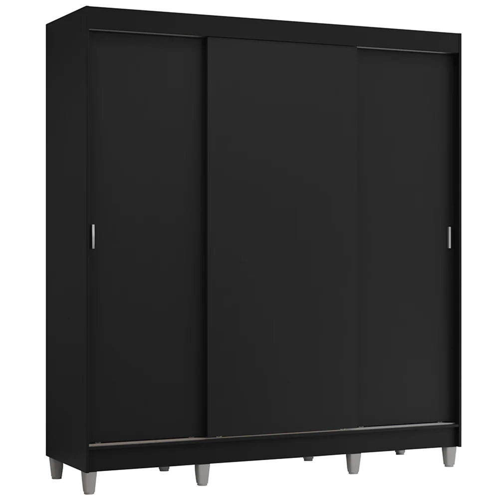 Guarda-Roupa Casal com Pés 3 Portas de Correr Preto Reno Madesa - Image 2