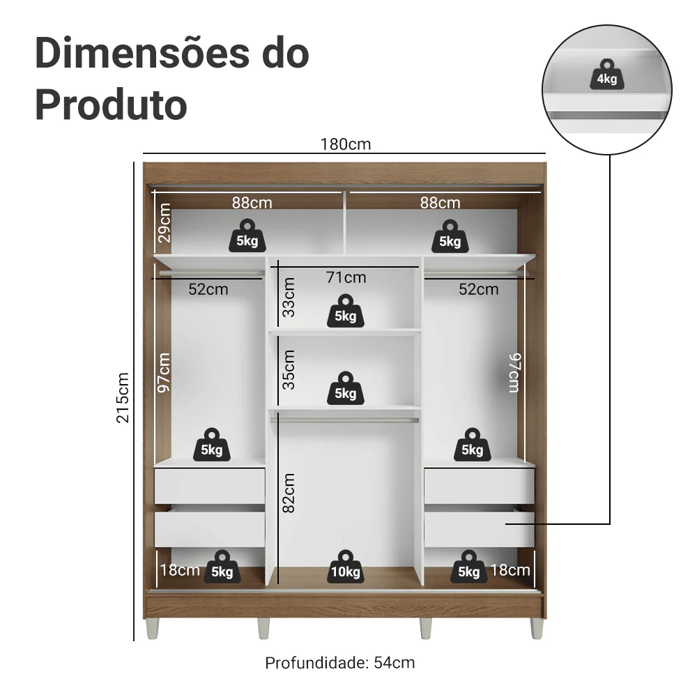 Guarda-Roupa Casal com Pés 3 Portas de Correr Rustic/Branco Reno Madesa - Image 3