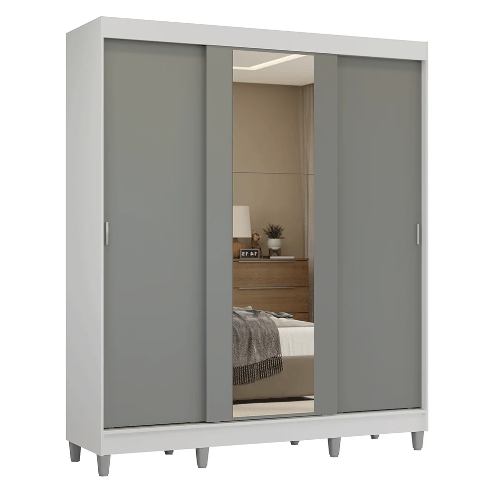 Guarda-Roupa Casal com Pés 3 Portas de Correr com Espelho Branco/Cinza Reno Madesa - Image 2