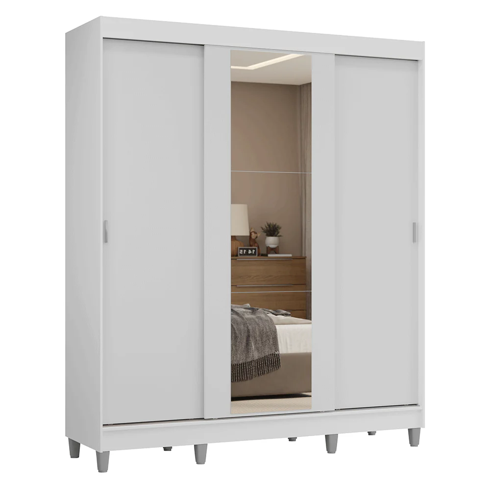 Guarda-Roupa Casal com Pés 3 Portas de Correr com Espelho Branco Reno Madesa - Image 2