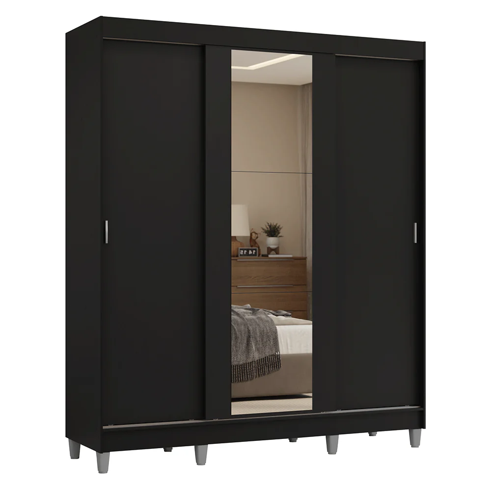 Guarda-Roupa Casal com Pés 3 Portas de Correr com Espelho Preto Reno Madesa - Image 2