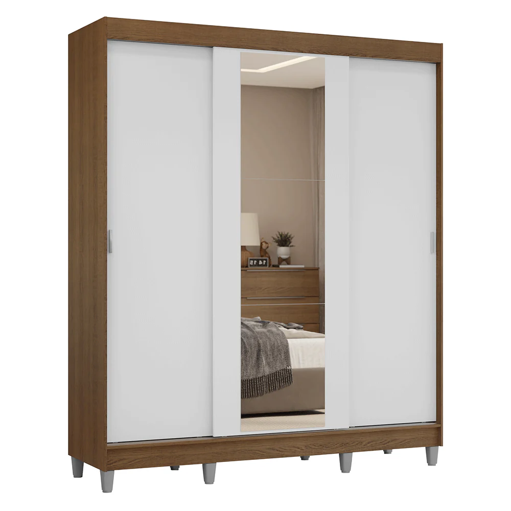 Guarda-Roupa Casal com Pés 3 Portas de Correr com Espelho Rustic/Branco Reno Madesa - Image 2
