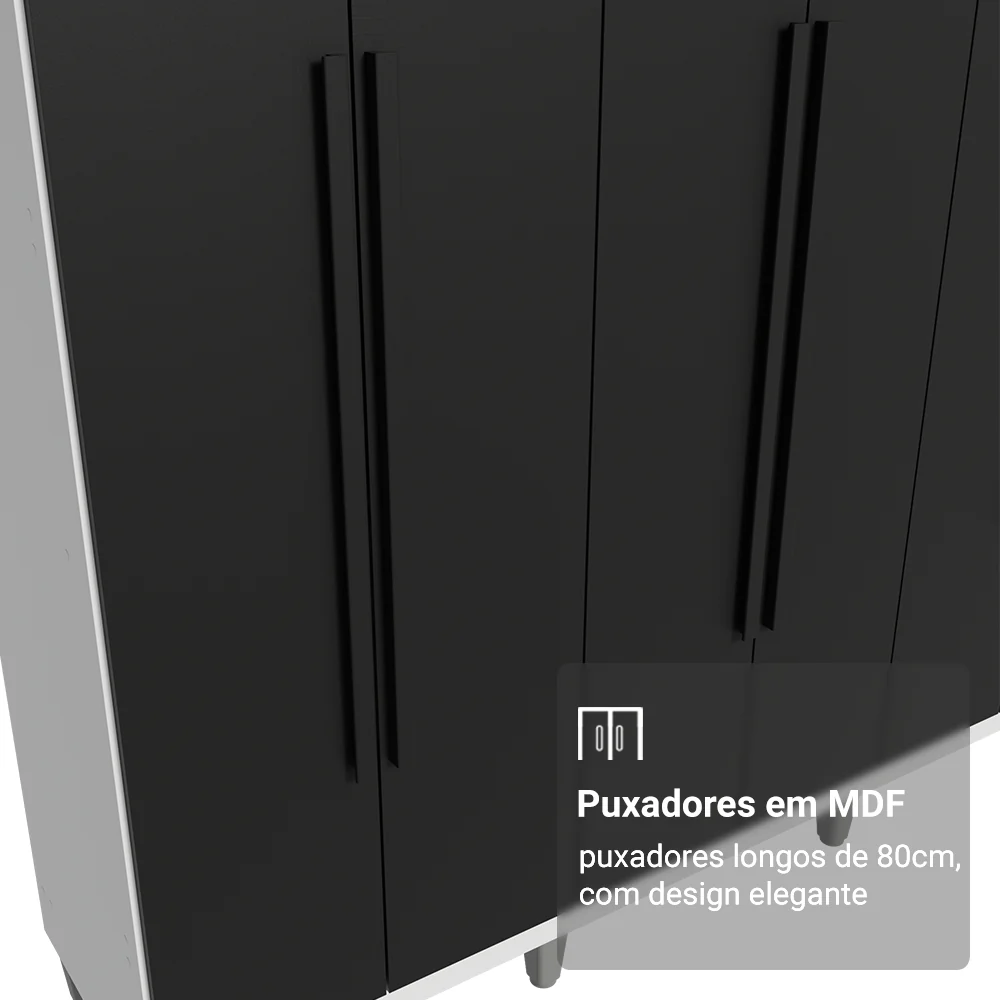 Guarda-Roupa Casal com Pés 6 Portas Batentes Branco/Preto/Preto Venus Madesa - Image 6