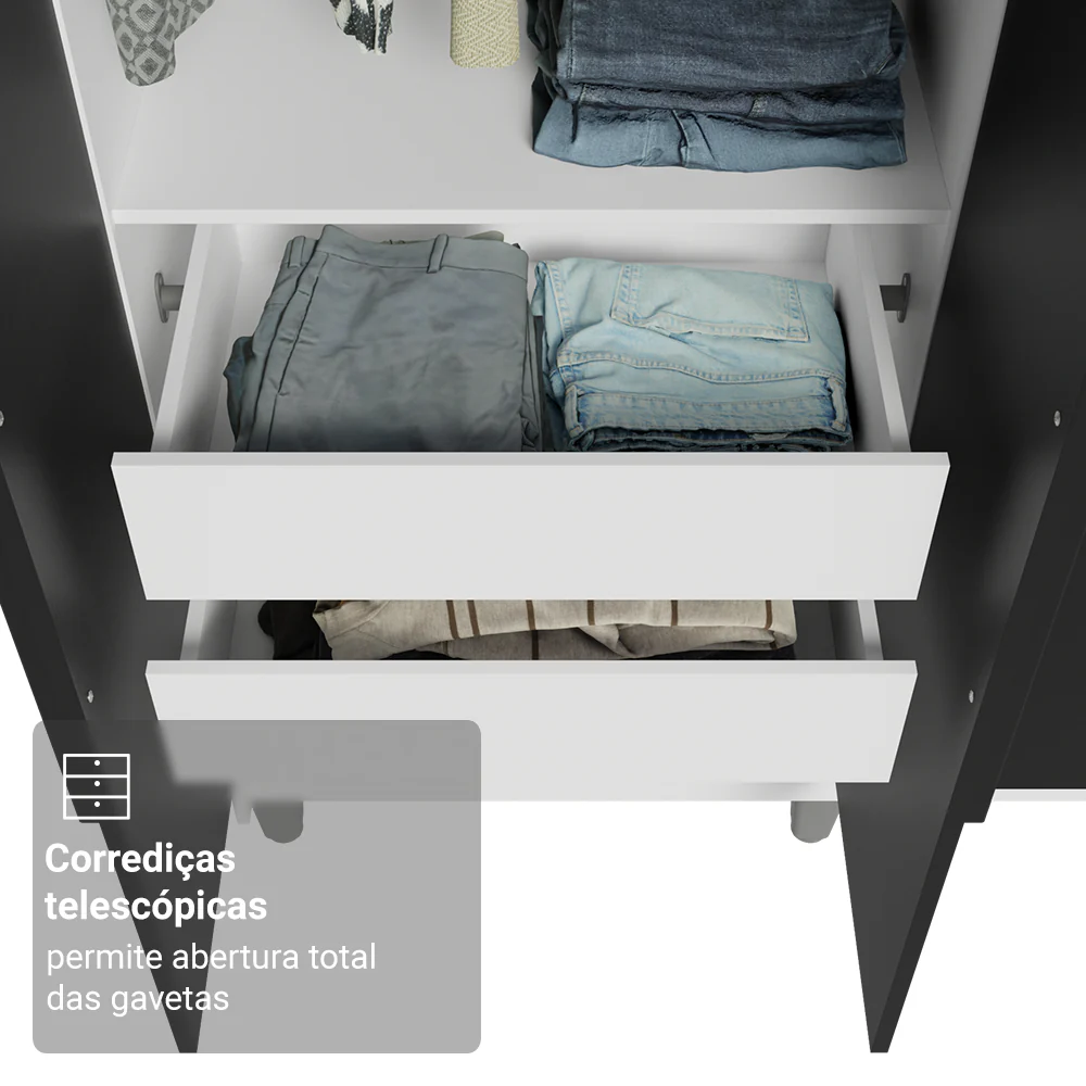 Guarda-Roupa Casal com Pés 6 Portas Batentes Branco/Preto/Preto Venus Madesa - Image 7