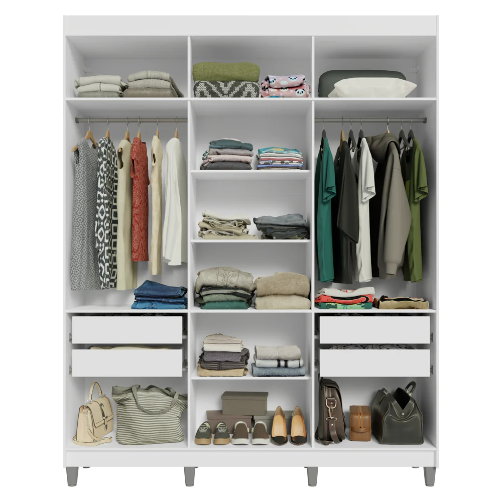 Guarda-Roupa Casal com Pés 6 Portas Batentes Branco/Preto/Preto Venus Madesa - Image 9