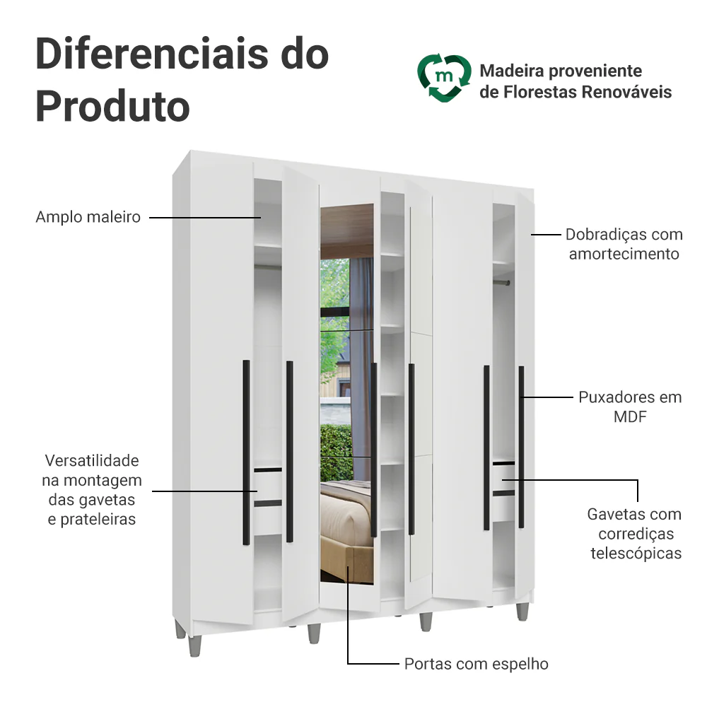 Guarda-Roupa Casal com Pés 6 Portas Batentes com Espelho Branco/Branco/Preto Venus Madesa - Image 4