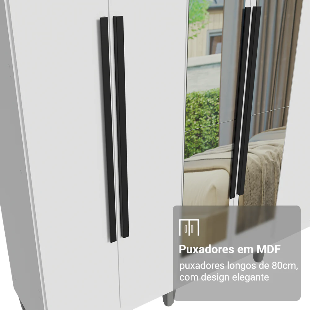 Guarda-Roupa Casal com Pés 6 Portas Batentes com Espelho Branco/Branco/Preto Venus Madesa - Image 6
