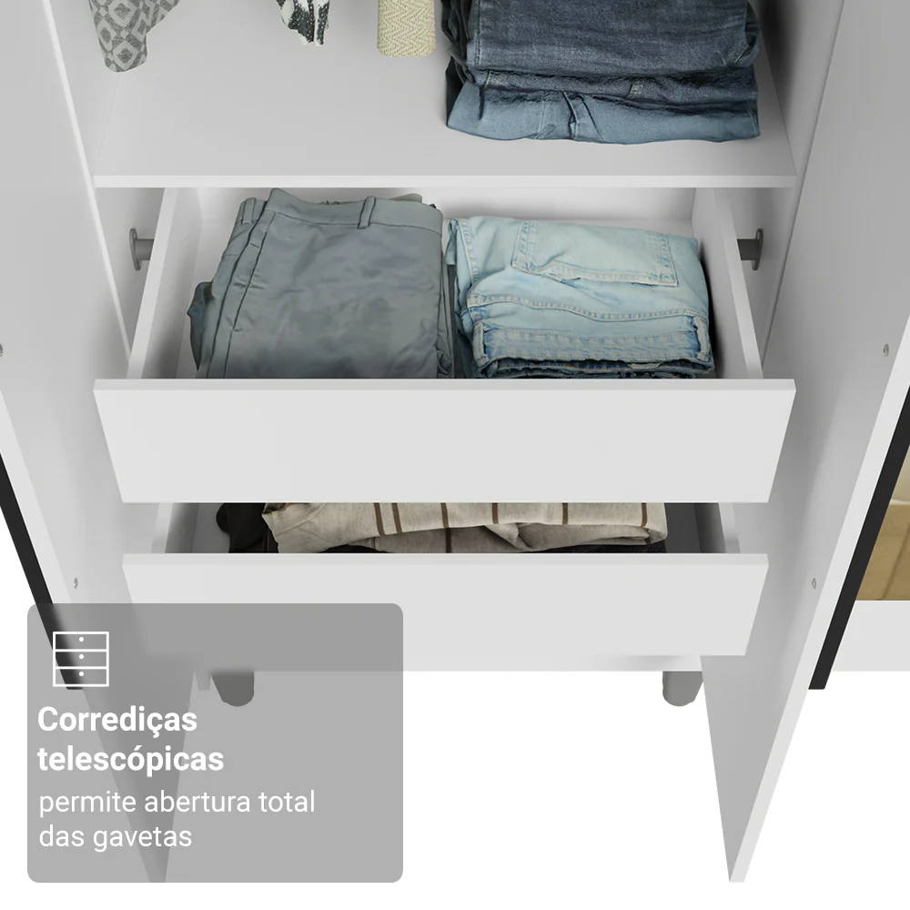 Guarda-Roupa Casal com Pés 6 Portas Batentes com Espelho Branco/Branco/Preto Venus Madesa - Image 7