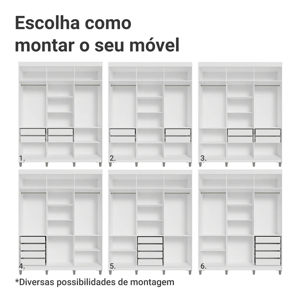 Guarda-Roupa Casal com Pés 6 Portas Batentes com Espelho Branco/Branco/Rustic Venus Madesa - Image 5
