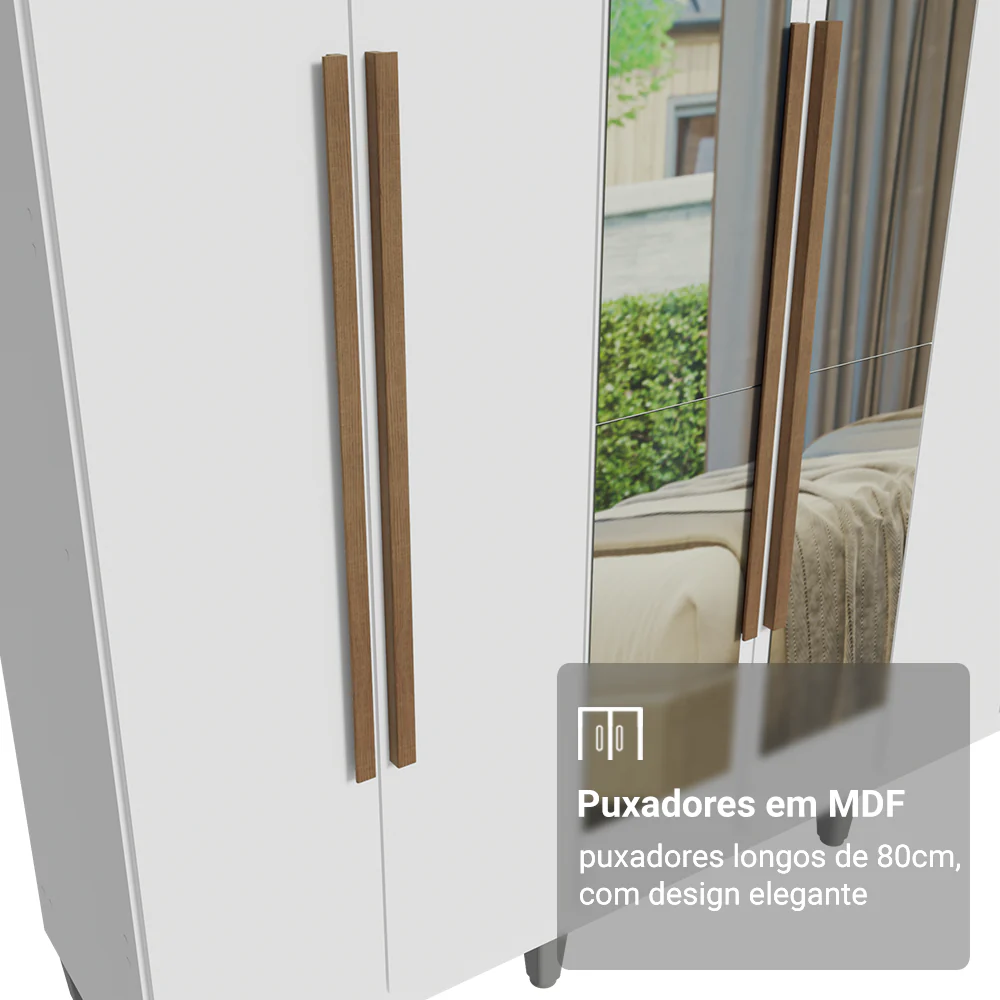 Guarda-Roupa Casal com Pés 6 Portas Batentes com Espelho Branco/Branco/Rustic Venus Madesa - Image 6