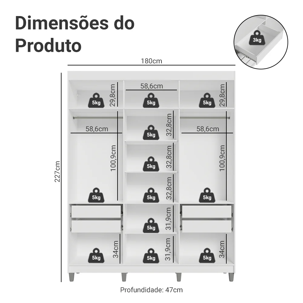 Guarda-Roupa Casal com Pés 6 Portas Batentes com Espelho Branco/Preto/Preto Venus Madesa - Image 3