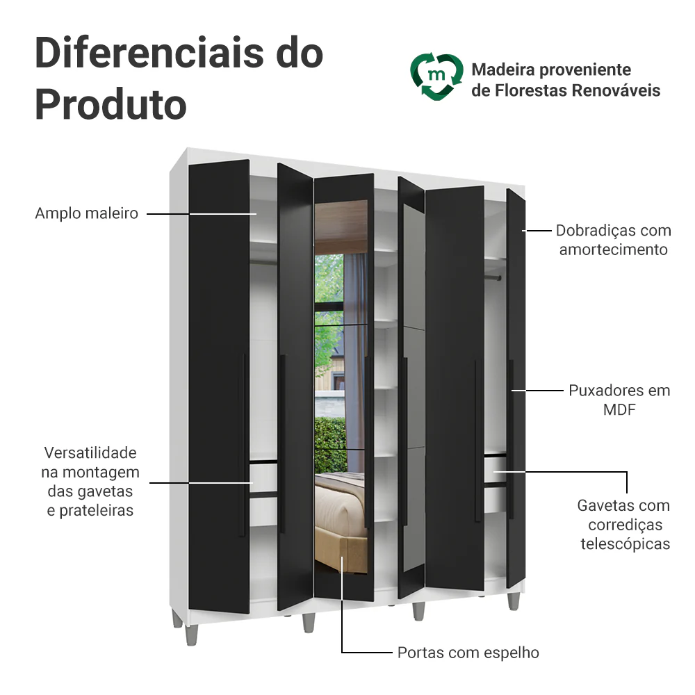 Guarda-Roupa Casal com Pés 6 Portas Batentes com Espelho Branco/Preto/Preto Venus Madesa - Image 4