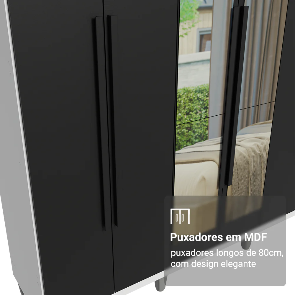 Guarda-Roupa Casal com Pés 6 Portas Batentes com Espelho Branco/Preto/Preto Venus Madesa - Image 6