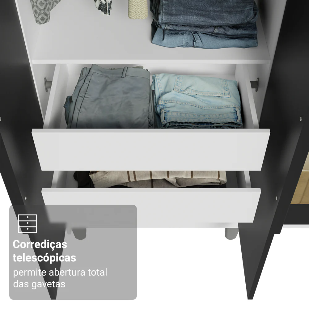 Guarda-Roupa Casal com Pés 6 Portas Batentes com Espelho Branco/Preto/Preto Venus Madesa - Image 7