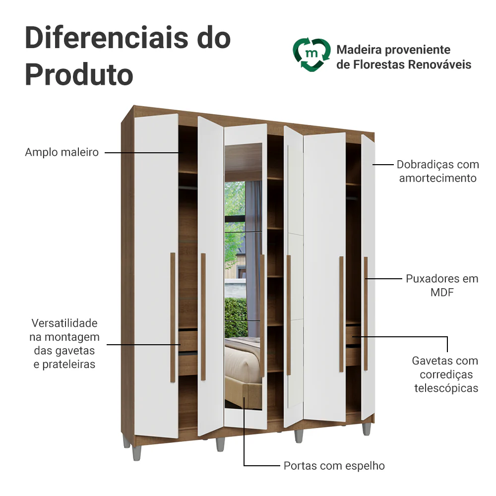 Guarda-Roupa Casal com Pés 6 Portas Batentes com Espelho Rustic/Branco/Rustic Venus Madesa - Image 4