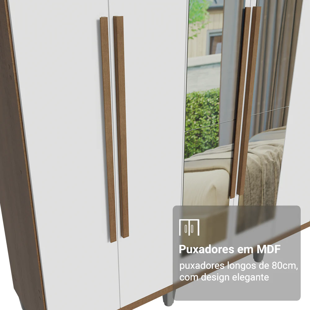 Guarda-Roupa Casal com Pés 6 Portas Batentes com Espelho Rustic/Branco/Rustic Venus Madesa - Image 6