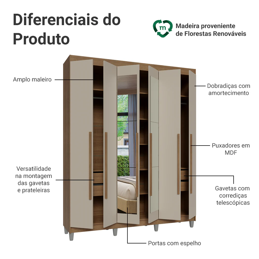 Guarda-Roupa Casal com Pés 6 Portas Batentes com Espelho Rustic/Crema/Rustic Venus Madesa - Image 4