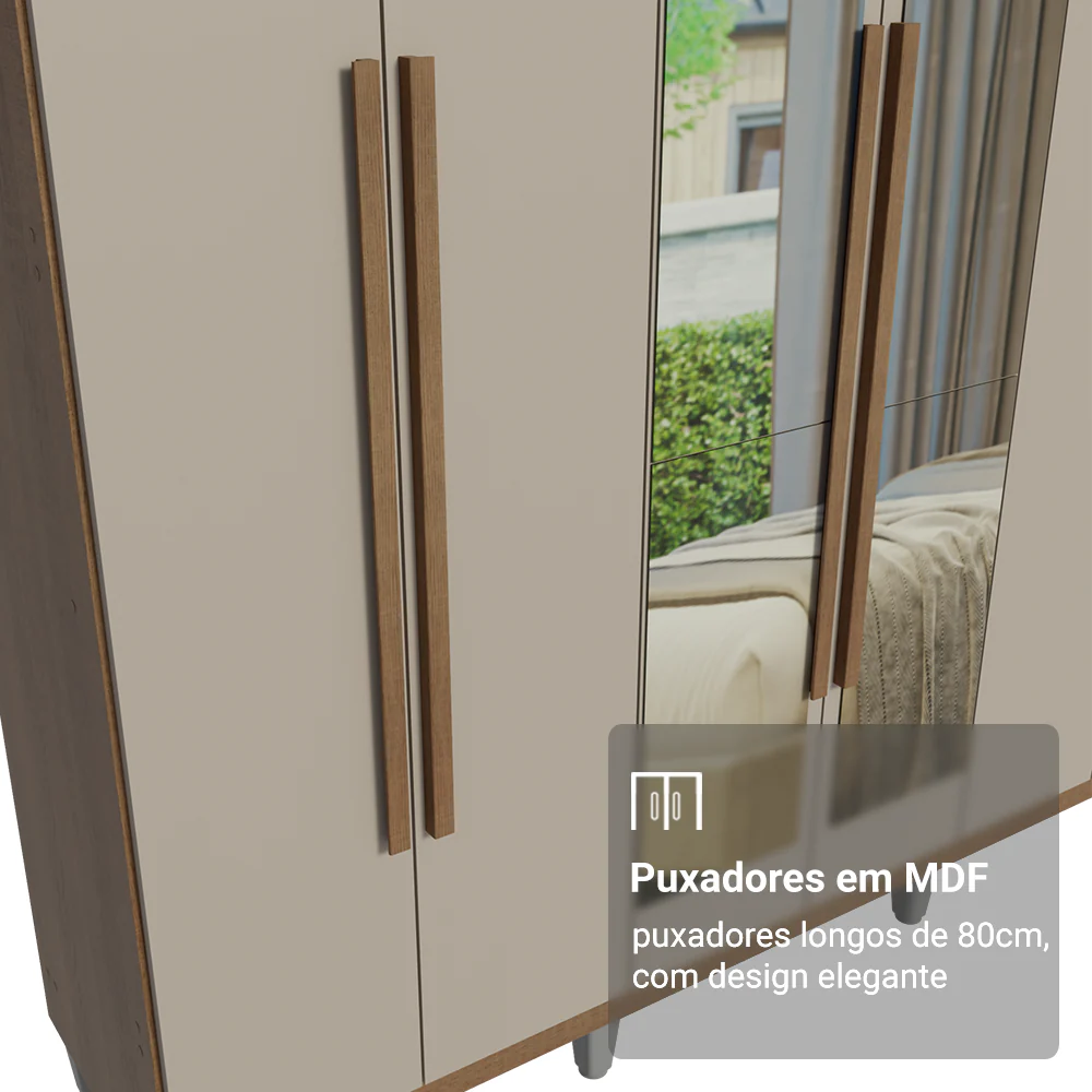 Guarda-Roupa Casal com Pés 6 Portas Batentes com Espelho Rustic/Crema/Rustic Venus Madesa - Image 6