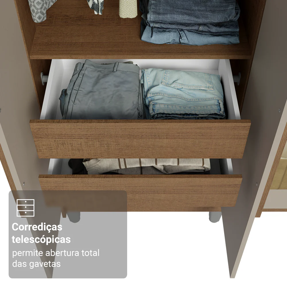 Guarda-Roupa Casal com Pés 6 Portas Batentes com Espelho Rustic/Crema/Rustic Venus Madesa - Image 7