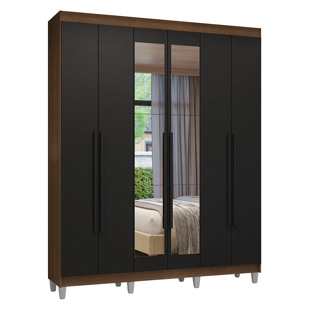 Guarda-Roupa Casal com Pés 6 Portas Batentes com Espelho Rustic/Preto/Preto Venus Madesa - Image 2
