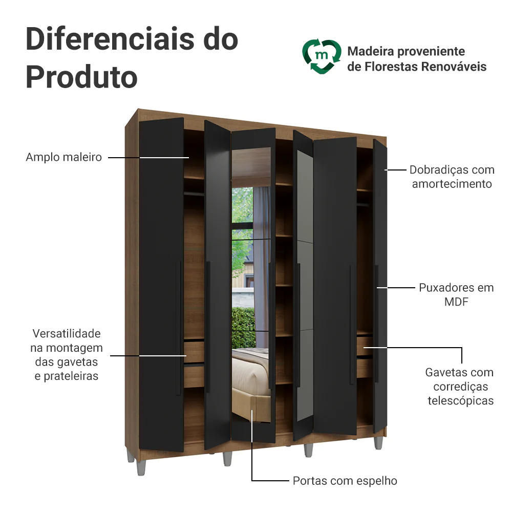 Guarda-Roupa Casal com Pés 6 Portas Batentes com Espelho Rustic/Preto/Preto Venus Madesa - Image 4