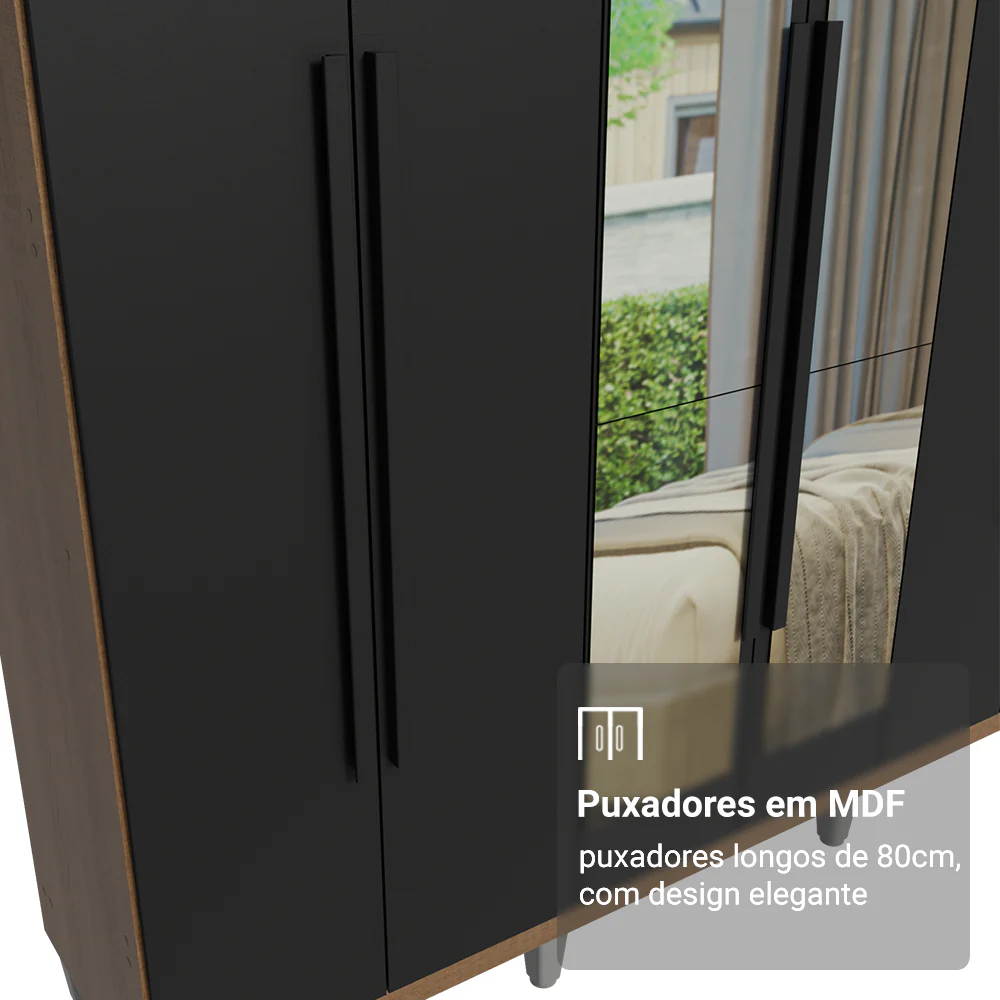 Guarda-Roupa Casal com Pés 6 Portas Batentes com Espelho Rustic/Preto/Preto Venus Madesa - Image 6