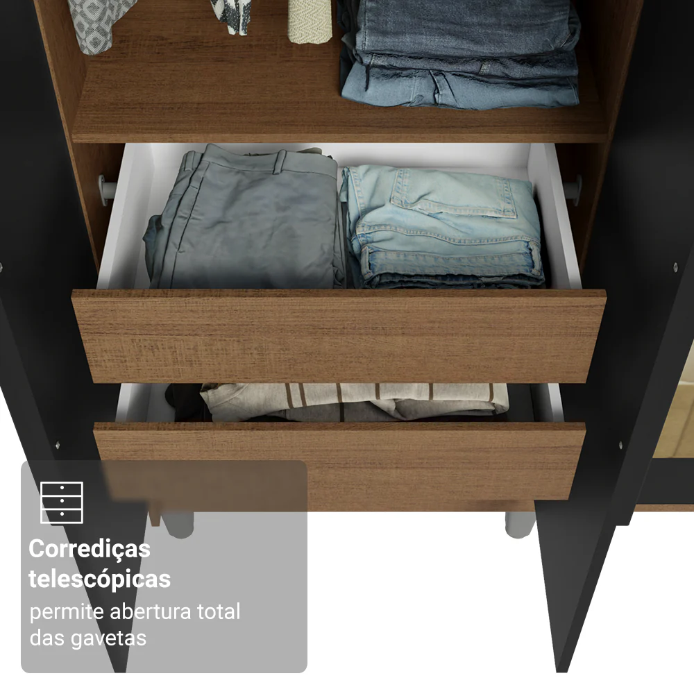 Guarda-Roupa Casal com Pés 6 Portas Batentes com Espelho Rustic/Preto/Preto Venus Madesa - Image 7