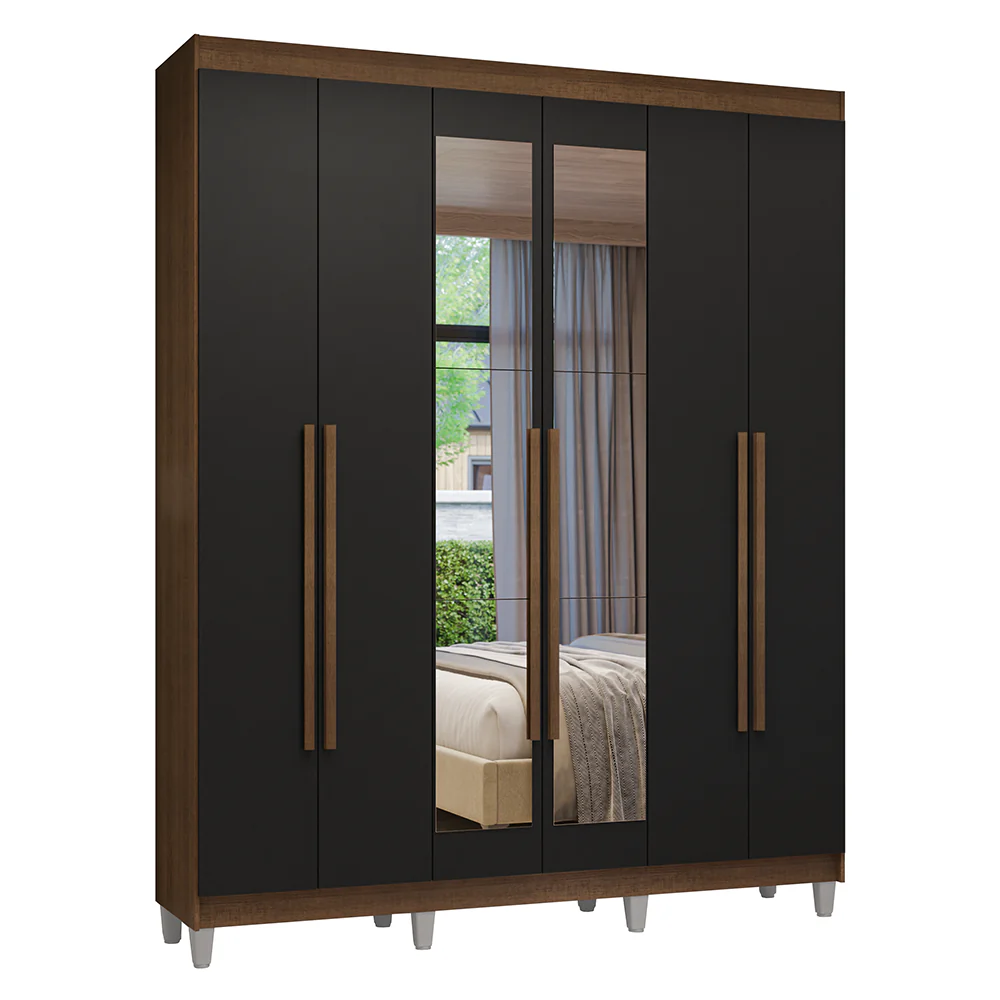 Guarda-Roupa Casal com Pés 6 Portas Batentes com Espelho Rustic/Preto/Rustic Venus Madesa - Image 2