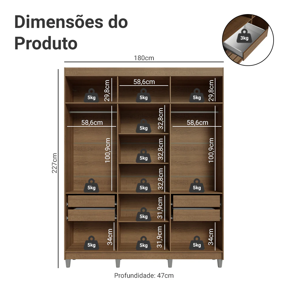 Guarda-Roupa Casal com Pés 6 Portas Batentes com Espelho Rustic/Preto/Rustic Venus Madesa - Image 3