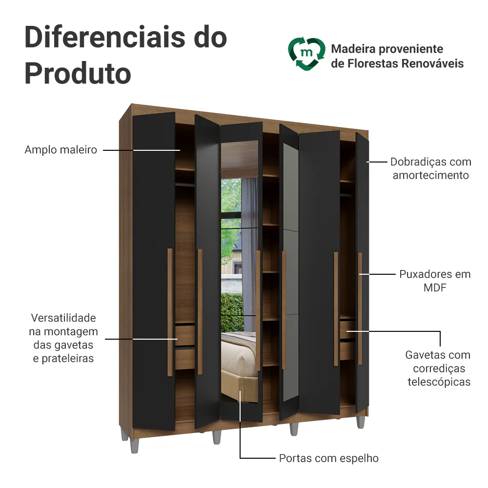 Guarda-Roupa Casal com Pés 6 Portas Batentes com Espelho Rustic/Preto/Rustic Venus Madesa - Image 4