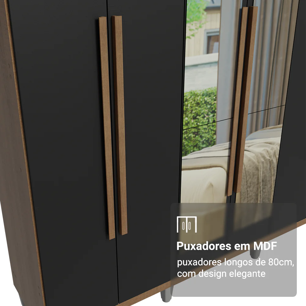 Guarda-Roupa Casal com Pés 6 Portas Batentes com Espelho Rustic/Preto/Rustic Venus Madesa - Image 6