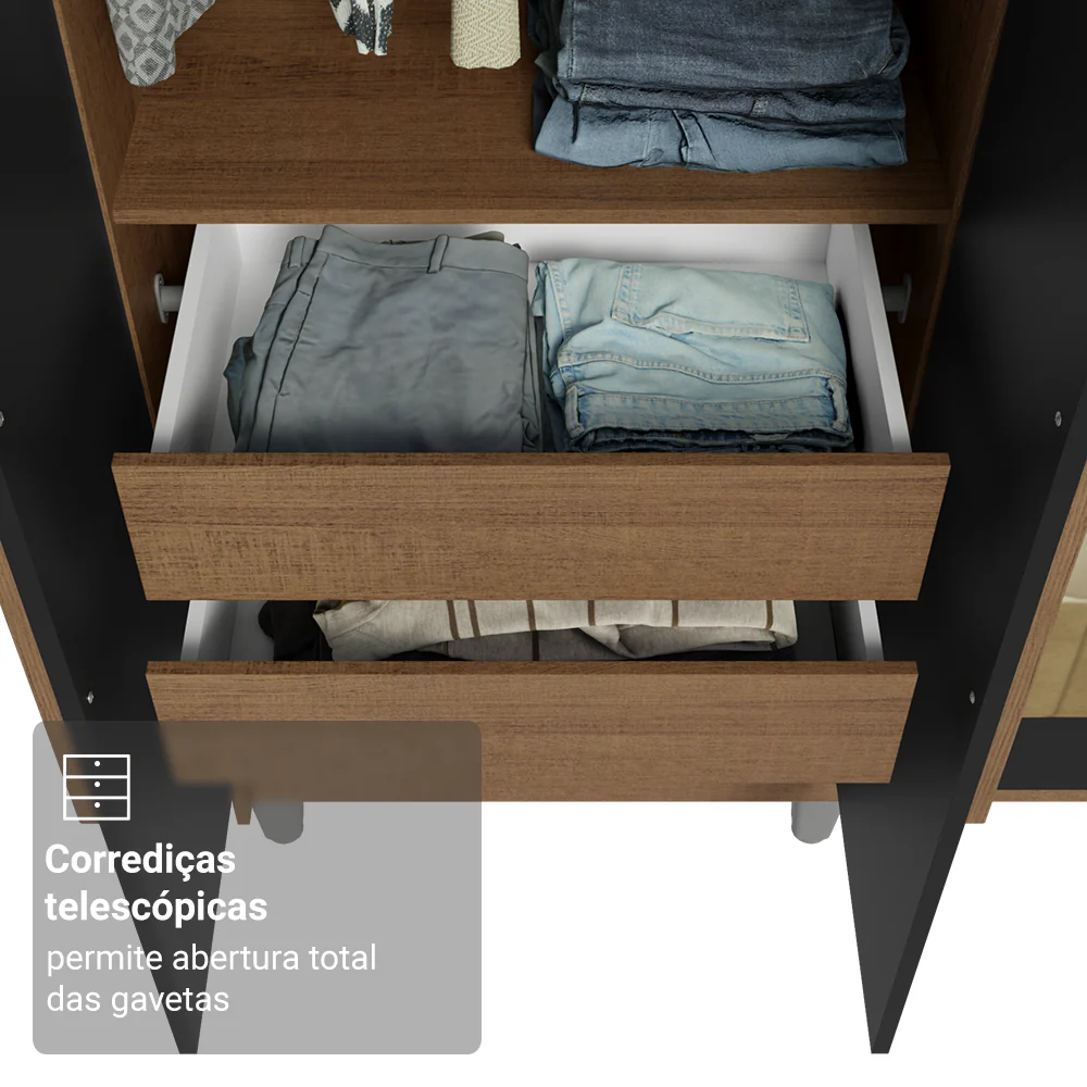 Guarda-Roupa Casal com Pés 6 Portas Batentes com Espelho Rustic/Preto/Rustic Venus Madesa - Image 7