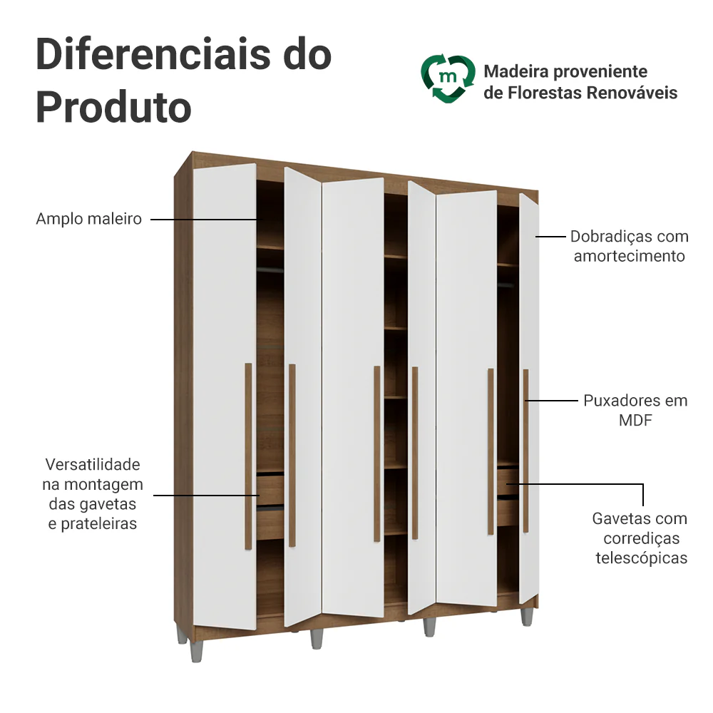 Guarda-Roupa Casal com Pés 6 Portas Batentes Rustic/Branco/Rustic Venus Madesa - Image 4