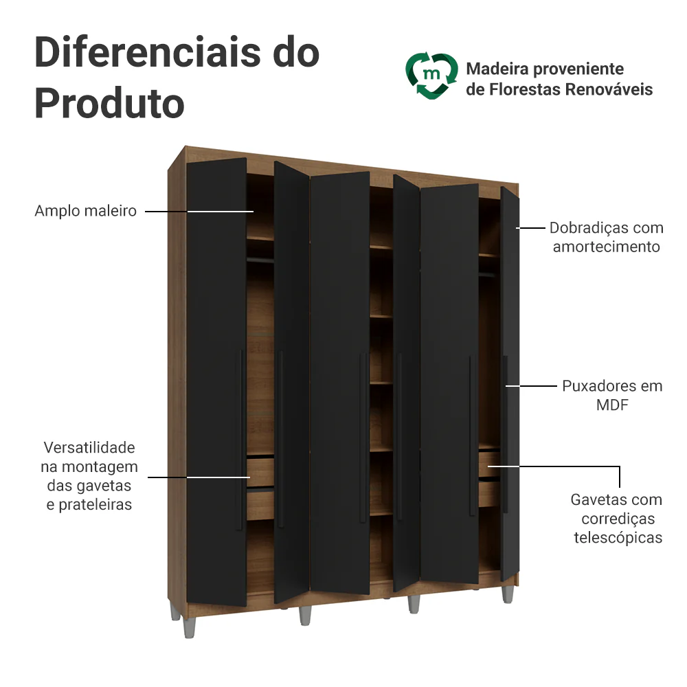 Guarda-Roupa Casal com Pés 6 Portas Batentes Rustic/Preto/Preto Venus Madesa - Image 4