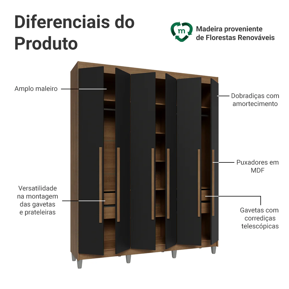Guarda-Roupa Casal com Pés 6 Portas Batentes Rustic/Preto/Rustic Venus Madesa - Image 4