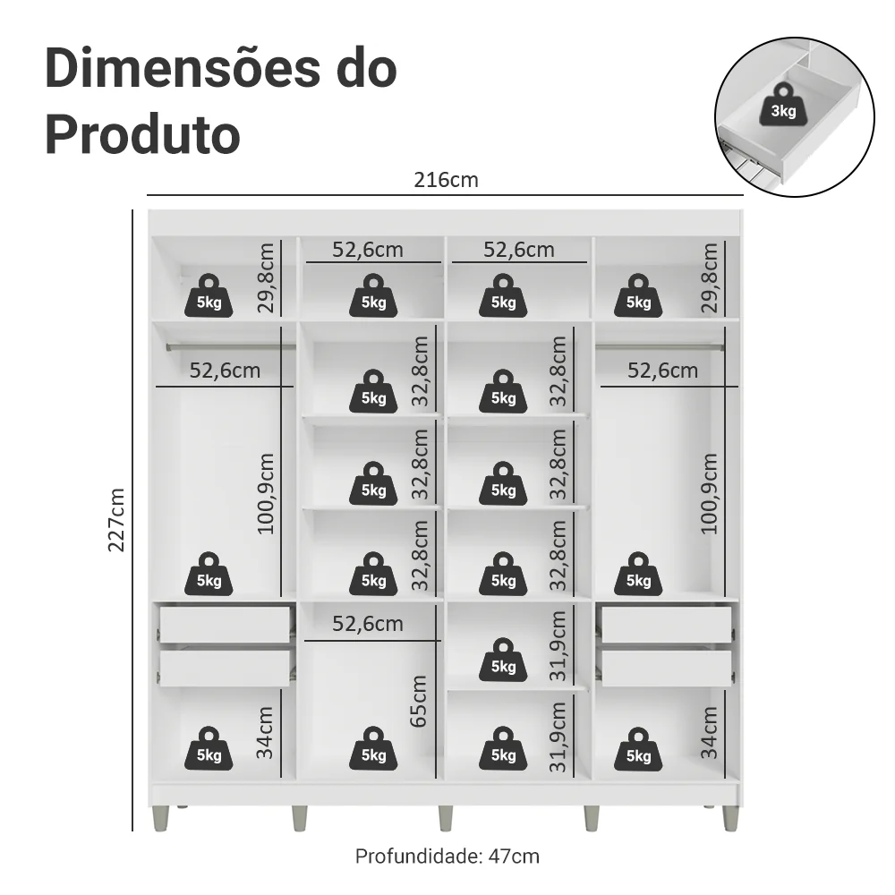 Guarda-Roupa Casal com Pés 8 Portas Batentes Branco/Branco/Preto Venus Madesa - Image 3