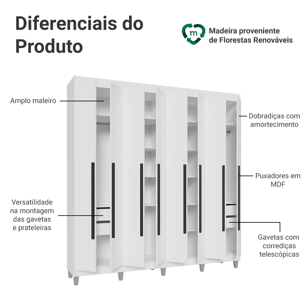 Guarda-Roupa Casal com Pés 8 Portas Batentes Branco/Branco/Preto Venus Madesa - Image 4