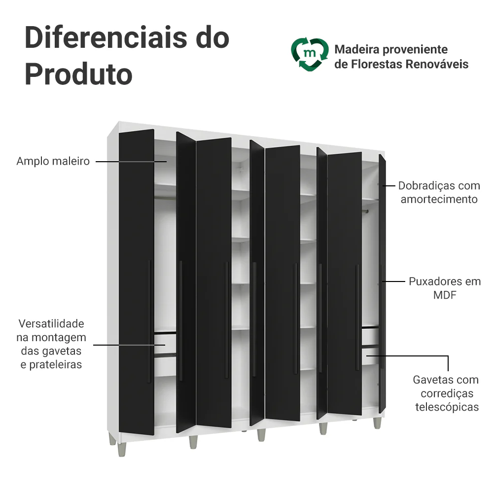 Guarda-Roupa Casal com Pés 8 Portas Batentes Branco/Preto/Preto Venus Madesa - Image 4
