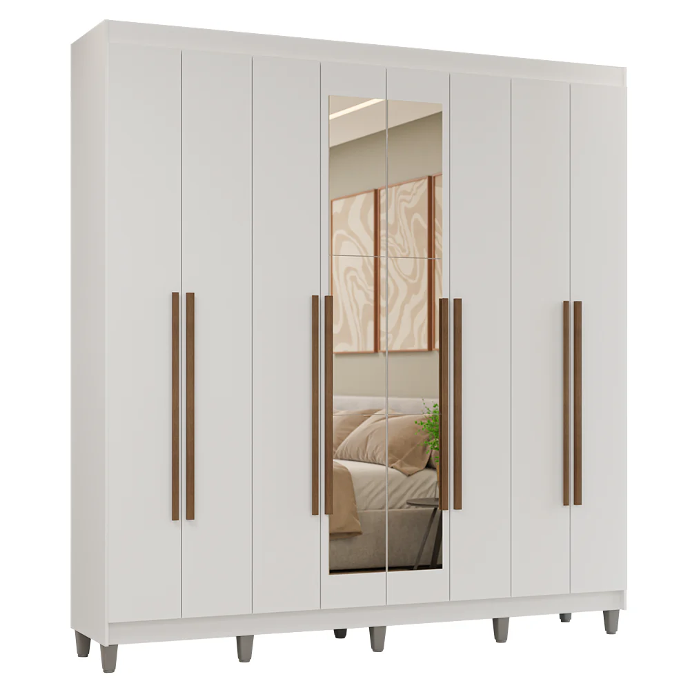 Guarda-Roupa Casal com Pés 8 Portas Batentes com Espelho Branco/Branco/Rustic Venus Madesa - Image 2