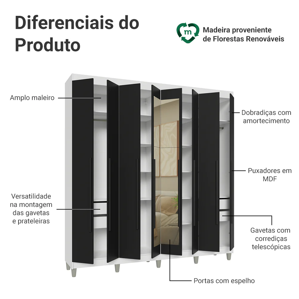 Guarda-Roupa Casal com Pés 8 Portas Batentes com Espelho Branco/Preto/Preto Venus Madesa - Image 4