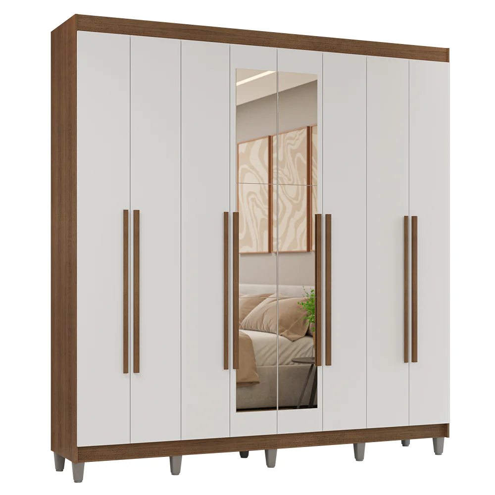 Guarda-Roupa Casal com Pés 8 Portas Batentes com Espelho Rustic/Branco/Rustic Venus Madesa - Image 2