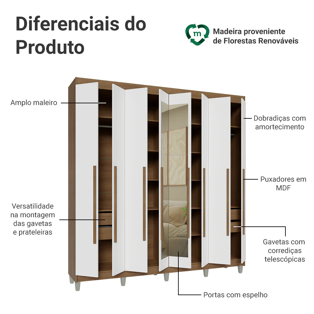 Guarda-Roupa Casal com Pés 8 Portas Batentes com Espelho Rustic/Branco/Rustic Venus Madesa - Image 4