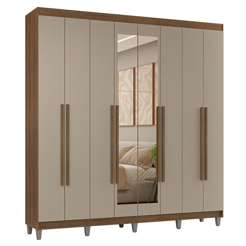 Guarda-Roupa Casal com Pés 8 Portas Batentes com Espelho Rustic/Crema/Rustic Venus Madesa - Image 2