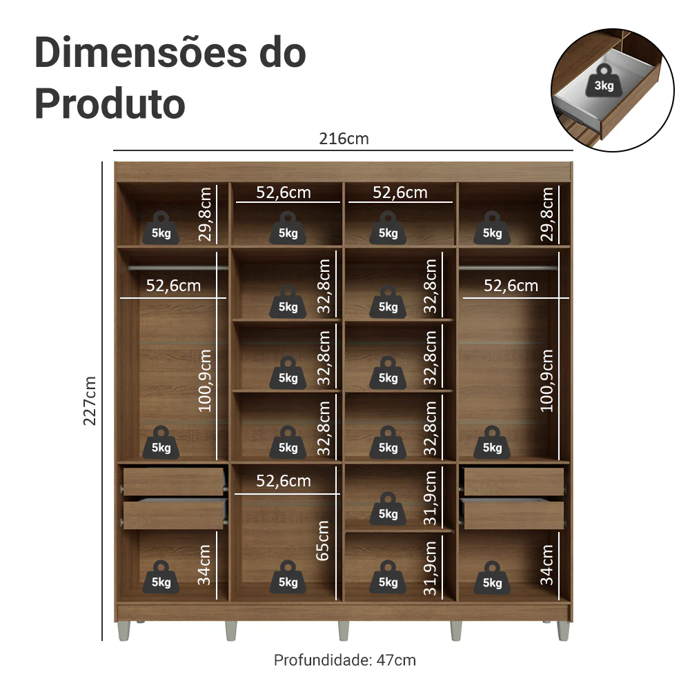 Guarda-Roupa Casal com Pés 8 Portas Batentes com Espelho Rustic/Crema/Rustic Venus Madesa - Image 3