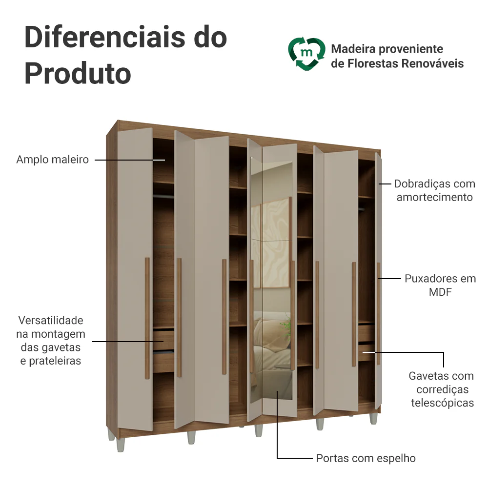 Guarda-Roupa Casal com Pés 8 Portas Batentes com Espelho Rustic/Crema/Rustic Venus Madesa - Image 4